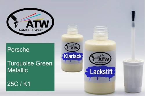 Porsche, Turquoise Green Metallic, 25C / K1: 20ml Lackstift + 20ml Klarlack - Set, von ATW Autoteile West.